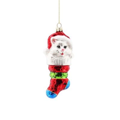 China Blown Glass Dog Ornaments Small Garfield Dog In Christmas Sock Figurines Ornament For Christmas Tree Decoration Christmas Pet Series Gifts for sale