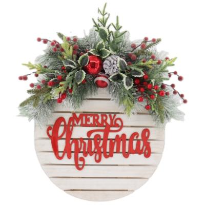 China China Merry Christmas Welcome Wooden Hanging Sign with Green Plant Wall Decoration Home Log Garland Decor for Front Door Sign for sale