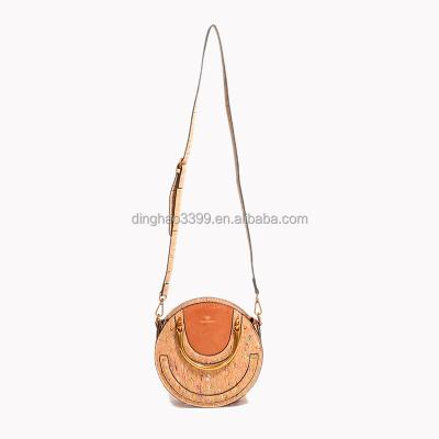 China Eco-friendly unique shaped custom printed single shoulder cork tote bag, cross-body circle cork paper handbag, round lady cork sling bag for sale