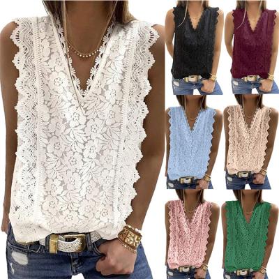 China 2022 New Fashion Ladies V-Neck Lace Tank Top Women Summer Sleeveless Soft Breathable Vest for sale