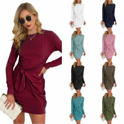 China Wholesale Sleeve Pleated Bowknot Breathable Autumn Women Elegant Casual Mini Long Ladies T-shirt Dress Dresses for sale