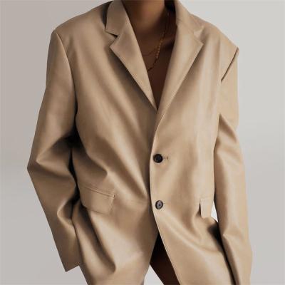 China Fashion Breathable Ladies Loose Coat Autumn Women's Solid Color Long Sleeve PU Blazer for sale