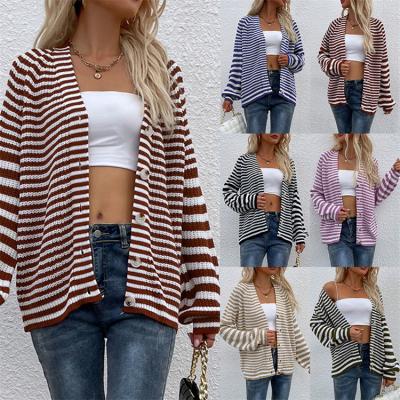 China Breathable Elegant Ladies Knitted Sweaters Stripe V-Neck Puff Sleeve Winter Women's Cardigan for sale