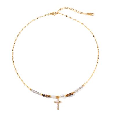 China Europe and America Ins Bohemian 18K Gold Plated Gemstone Fresh Water Pearl Zirconia Cross Beaded Pendant Necklace for Girls for sale