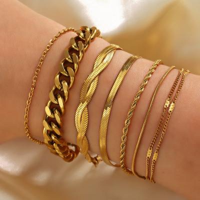 China TRENDY Pvd 18k Gold Plated Stainless Steel Snake Bone Chain Bracelet Flat Chunky Cuban Link Chain Bracelets for Women for sale