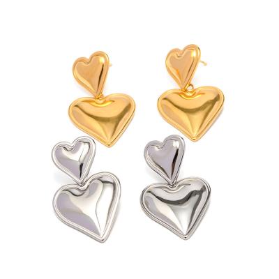 China TRENDY Stainless Steel Vintage 18k Gold Plated Stud Love Heart Drop Earring Large Double Heart Earrings for sale