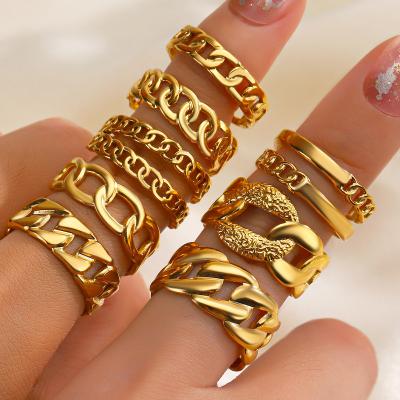 China TRENDY 18K Gold Plated Stainless Steel Rings Punk Trendy Style Hip Hop Cuban Chain Style Hollow Finger Rings for sale