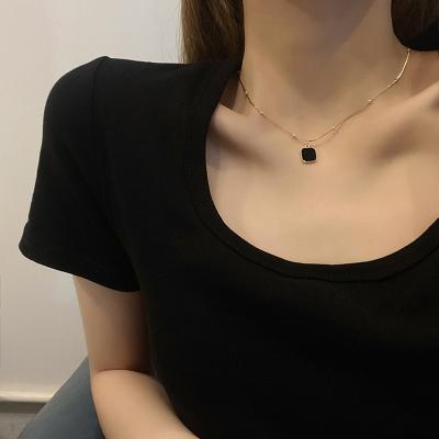 China TRENDY Alloy Gold Plated Vintage Chains Ins Bling Choker Necklaces Black Square Pendant Collarbone Chain Jewelry For Women for sale