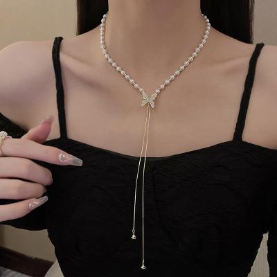 China TRENDY Zircon Butterfly Pendant Cooper Chain Pearl Necklace Women Collarbone Chain Gold Necklaces Women's Accessories for sale