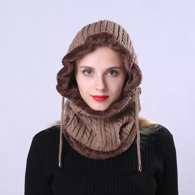 China 55cm-65cm Explosive Paragraph Plus Velvet Knitting Unisex Set Cap 8 Word Twist Conjoined Bib Wool Ear Protection Caps for sale