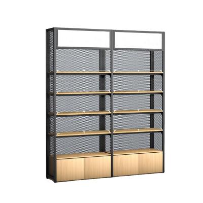 China Custom Supermarket Single Sided High Quality Adjustable Shelf Gondola Metal Stationery Display Rack Wood Grain Shelf Customizable for sale