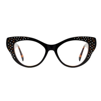 China 2022 Fashion Hot Selling Luxury Design Women Diamond Cat Eye Rhinestone Acetate Optical Logo Frame Custom Glasses for sale