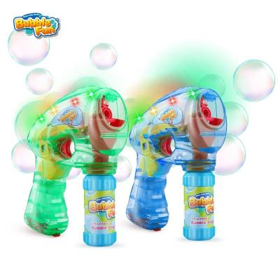 China Light Up Battery Operated LED Blower Machine Shooter Light Up Bubble Gun with Bottle Solution for Kids Summer Outdoor Play for sale