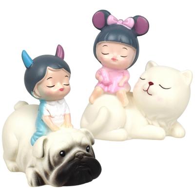 China Girl Vinyl Toys Boy and Girl Sitting on Dog and Girl Sitting on Cat Cake Decoration Wedding Cake Topper for sale