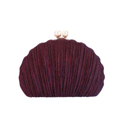 China European And American Evening Party Purse Clutch Bag Lady's Shell Hand Bag Wedding Party Pearl Sequin Pleated Dinner Bag Wine Red European for sale