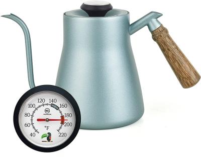 China 850ml Stainless Steel Sustainable Gooseneck Wooden Handle Tea Coffee Drip Top Coffee Kettle With Thermometer for sale