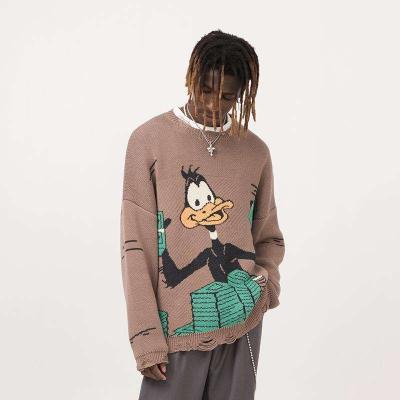 China Anti-Wrinkle Customized OEM&ODM Fashion Long Sleeve Casual Crewneck Sweater Jacquard Knit Duck Cartoon Ripped Men Sweater for sale