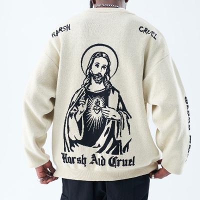 China Anti-Wrinkle Accepted Jesus Gothic Jacquard Knit Men's Oversized Customized LOGO Sweater New Design Fashion Casual Crew Neck Pullover for sale