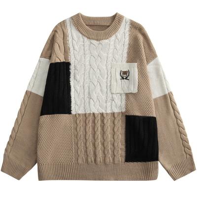 China OEM Customized Parride and ODM Long Sleeve Crewneck Sweater Color Block Pattern Casual Oversized Men Knit Sweater for sale