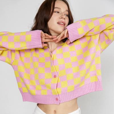 China Parride Customized OEM&ODM Fashion Casual Elegant Ladies Long Sleeve V-Neck Checkerboard Knit Women's Sweater for sale