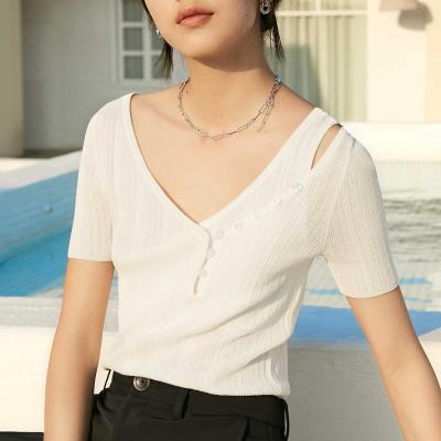 China Anti-Wrinkle Customized OEM&ODM New Summer Fashion Casual Elegant Ladies Short Sleeve V-Neckline Pure Color Women Knit Top for sale