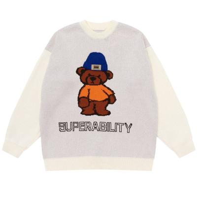 China Anti-pilling Customized OEM&ODM Fashion Casual Oversized Long Sleeve Crewneck Jacquard Knit Alphabet Bear Pattern Mens Sweater for sale