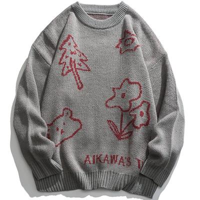 China LOGO Spring Fashion Casual Long customized parride sheath oversized crew neck jacquard knit cartoon pattern pullover men's sweater for sale