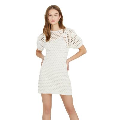 China Customized New Fashion Ladies Dry Cleaning OEM&ODM Stylish Casual Crochet Mini Dress With Floral Applique Knit Women's Dress for sale