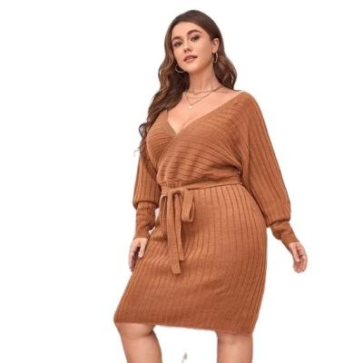 China OEM&ODM Hot Selling Autumn And Winter Plus Size Casual Long Sleeve Dry Cleaning Women's Plus Size V-neck Ladies Knitted Sweater Dress for sale