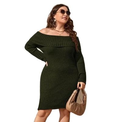 China Ladies Anti-Static Off-Shoulder Fold Over Sheath Long Fashion Design Loose Casual Knitted Long Skirt Plus Size Women Sweater Dress for sale