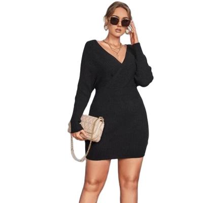 China OEM&ODM Fashion Anti-Static Custom Ladies Long Sleeve Elegant Casual Sexy V-Neckline Knit Plus Size Women's Sweater Dresses for sale