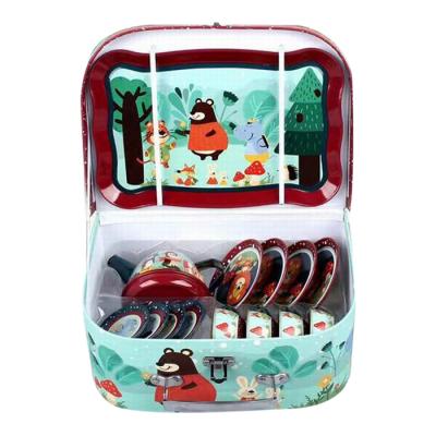 China Hot Selling Tin Party Kitchen Pretend Toy Diy New Design Kitchen Set Toy Preschool Toy Tea Set Game House Animal Toy With Carrying Case for sale