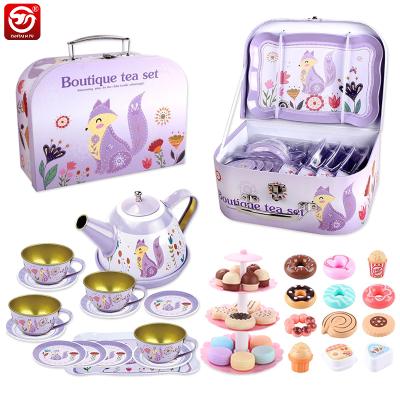 China Amazon Kitchen Set Toy Preschool Toy Play House Hot Selling Customized Kids Pretend Play House Dessert Kitchen Set Stainless Steel Tin Tea Set Toys For Children for sale