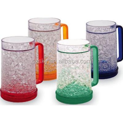 China Viable Cheap Plastic Double Wall Frosty Freezer Mugs 16oz For Beer Water Bottle for sale