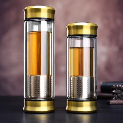 China Double 300ml High Borosilicate Beverage Viable Open Bottle High Quality Double Wall Glass Water Bottle With Tea Filter for sale