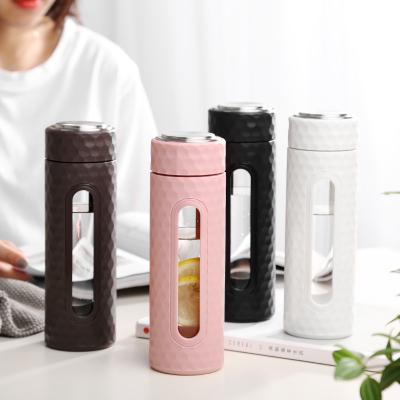 China Viable Wholesale Custom Color Glass Water Bottle With Outer Tea Infuser High Borosilicate Drinks Bottle With Sleeve for sale