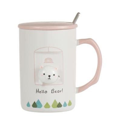 China Viable Cartoon Cute Bear Ceramic Couples Coffee Cup Creative Water Cup With Cover And Spoon Custom Gift Mug for sale