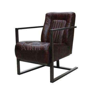 China Stretch industrial metal frame and vintage top grain genuine leather dining armchair for dining room restaurant hotel bar for sale