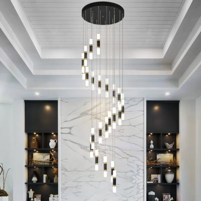 China Contemporary Aluminum Acrylic Dimmable Led Stairs Pendant Lights Modern Living Room Indoor Staircase High Ceiling Chandelier for sale