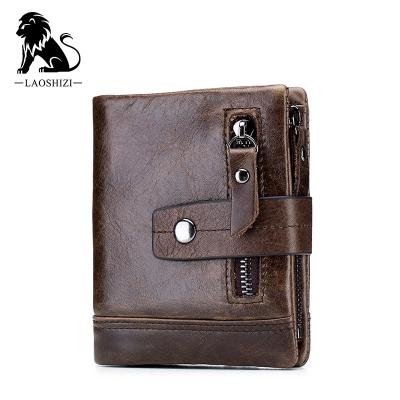 China LAOSHIZI RFID Cow Leather Wallet Wallet For Man With Double Zipper Pocket Medium Removable Wallets Men for sale