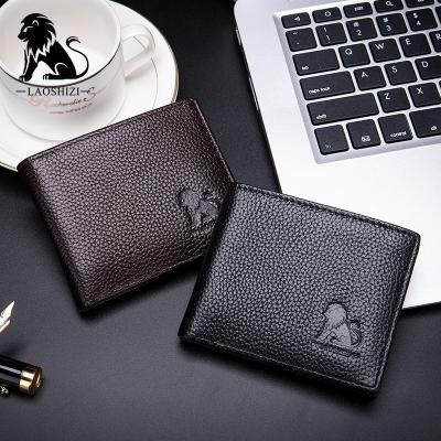 China LAOSHIZI RFID Factory Price Fashion High Quality Black Genuine Leather Men Mini Wallet for sale