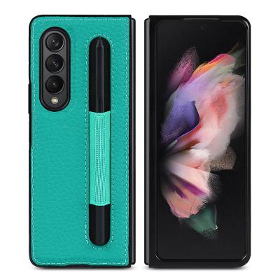 China Shockproof Factory Phone Back Cover Genuine Leather Case For Samsung Galaxy z Fold 3 Case Leather For Samsung z Fold 3 Case With Pen for sale