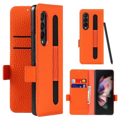 China Luxury Genuine Leather Shockproof Cell Phone Wallet Card Holder Case With Pen For Samsung Galaxy Z Fold 3 Cases Leather With Pen Phone for sale