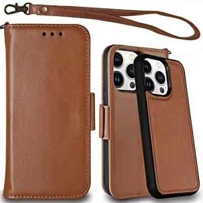 China Shockproof Genuine Leather Detachable Magnetic Flip Wallet Card Holder Wrist Strap Phone Case for iphone14 13 pro max detachable phone case for sale