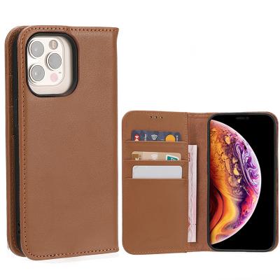 China Factory Genuine Leather Flip Wallet Card Holder RFID Shockproof Strong Magnetic Phone Case For iphone 14 13 12 Case With Card Holder for sale