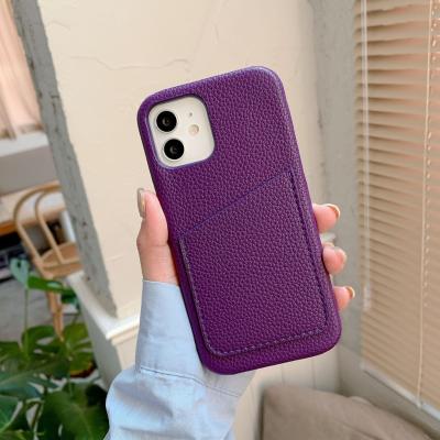 China Shockproof Premium Litchi Grain PU Cell Phone Leather Back Cover Case with Card Slot Holder for iphone 14 13 12 11 pro x max 7 8 for sale