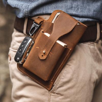 China Retro Crazy Horse Genuine Leather Hot Genuine Leather Multifunctional Leather Waist Bag Men Phone Waist Bag Crazy Horse Phone Belt Holster With Key Chain for sale