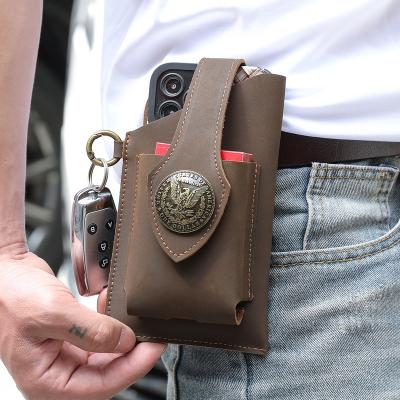 China 2022 Shockproof Crazy Horse Genuine Cowhide Mobile Phone Waist Bag Men's Multifunctional Outdoor Leather Phone Pouch Belt Waist Bag for sale