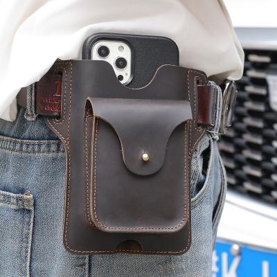 China Multi Function Shockproof Crazy Genuine Leather Outdoor Men Mobile Phone Waist Bag Leather Cell Phone Pocket Holster Belt Bag for sale