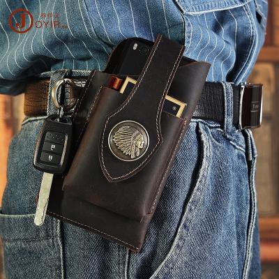 China Shockproof Crazy Horse Mobile Cell Phone Waist Bag Genuine Leather Multifunctional Leather Phone Waist Bag With Key Chain for sale